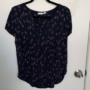 Hinge Dark Blue Blouse with Pink Bird Pattern